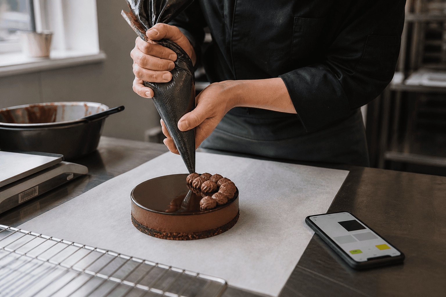 Un artisan poche une finition au chocolat sur un entremets dans son laboratoire, avec un téléphone posé à distance sur le plan de travail.